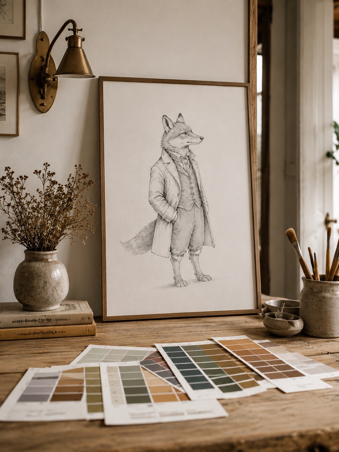 Pencil sketches of animal characters next to paint pans and brushes