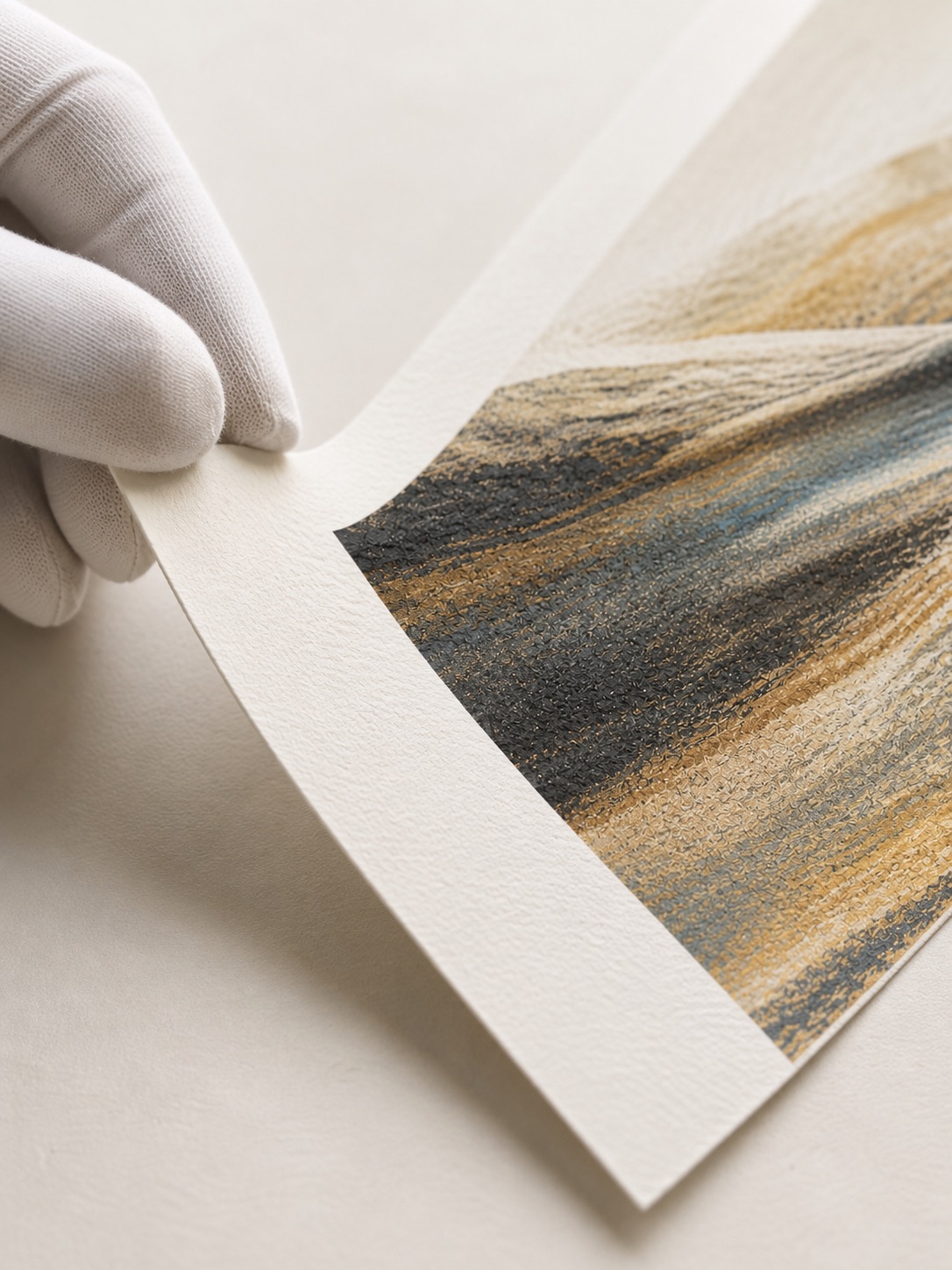 A gloved hand holding a sheet of deckle-edged cotton rag paper
