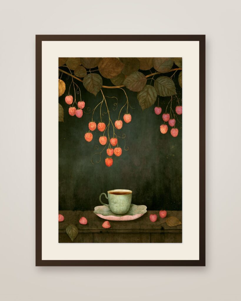 Autumn Berries Teacup Art Print in a dark wood frame with cream mat