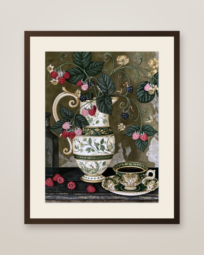 Berries and Porcelain Art Print in a dark wood frame with cream mat