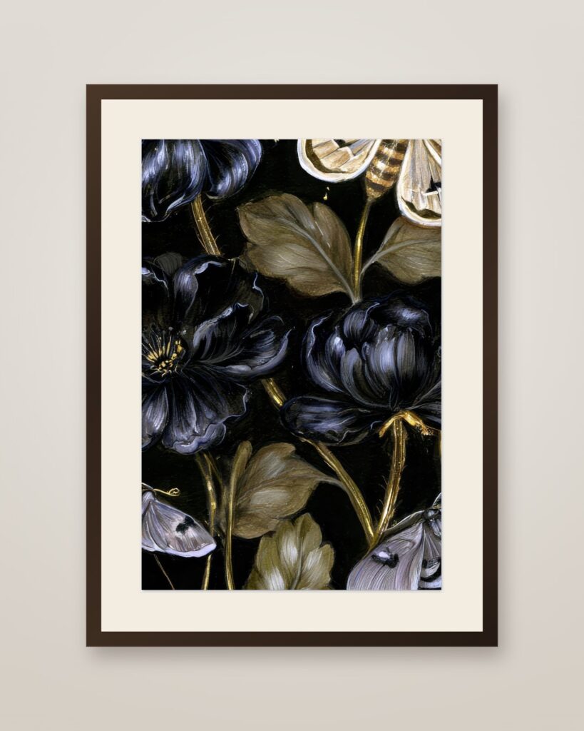 Black Flowers and Moths Art Print in a dark wood frame with cream mat