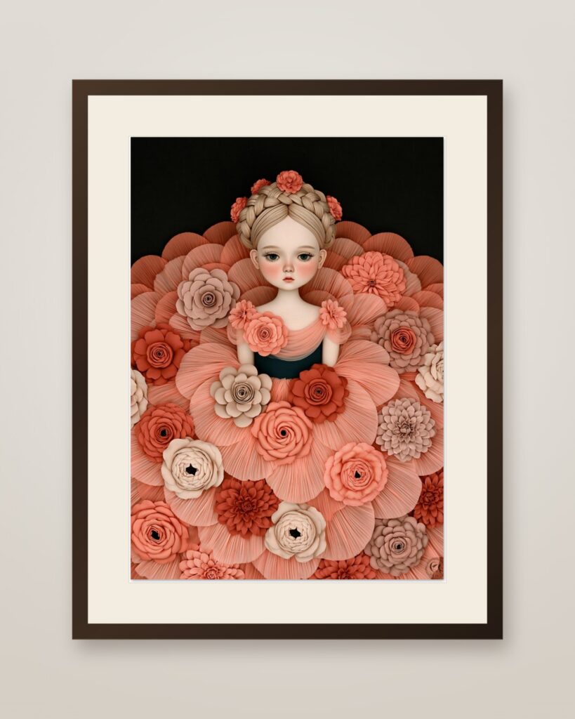 Coral Flower Doll Art Print in a dark wood frame with cream mat