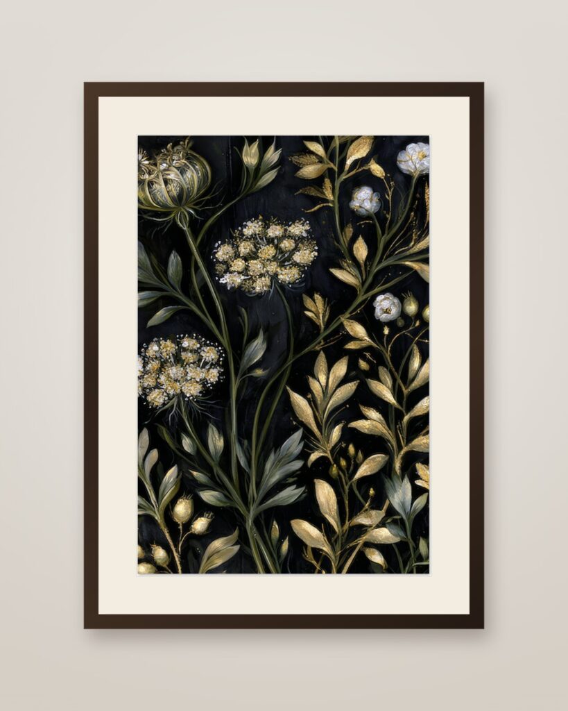 Dark Botanical Art Print in a dark wood frame with cream mat