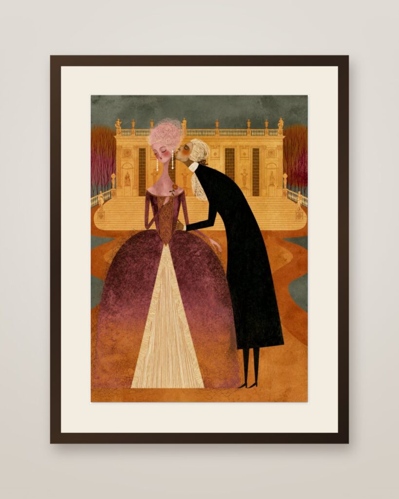 Golden Ballroom Kiss Art Print in a dark wood frame with cream mat