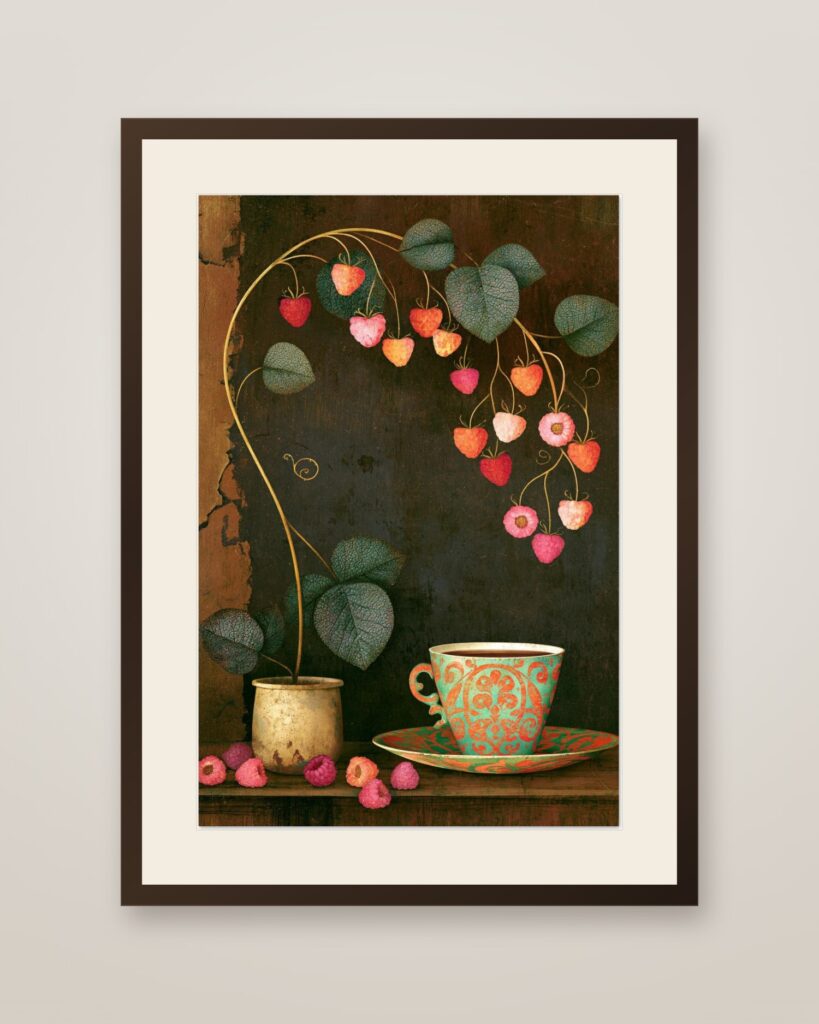 Heart Berry Plant Art Print in a dark wood frame with cream mat