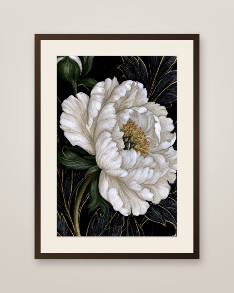 Ivory Peony Art Print in a dark wood frame with cream mat