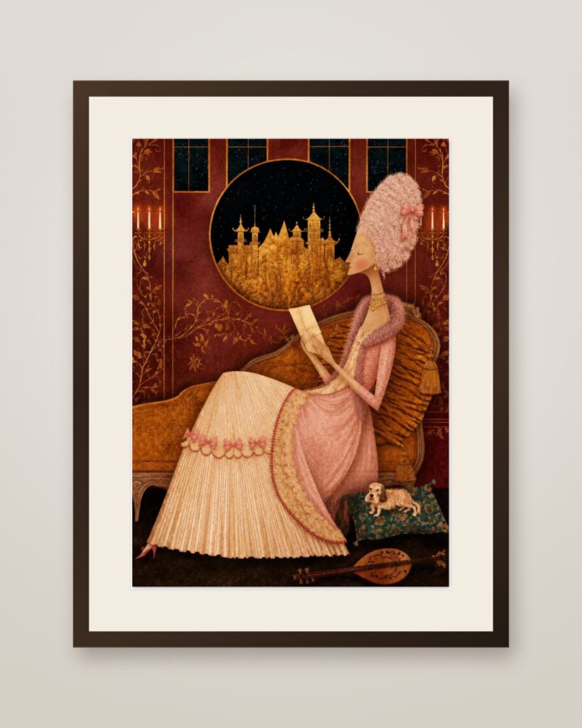 Lady and Golden Castle Art Print in a dark wood frame with cream mat