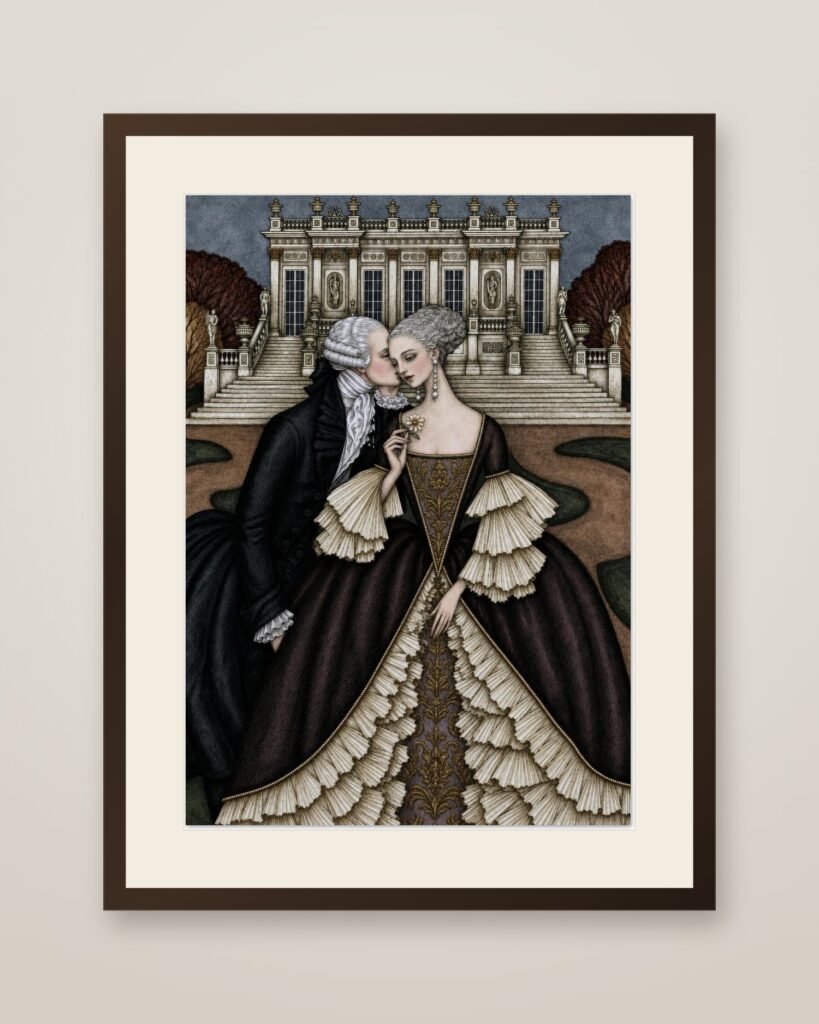 Palace Kiss Art Print in a dark wood frame with cream mat