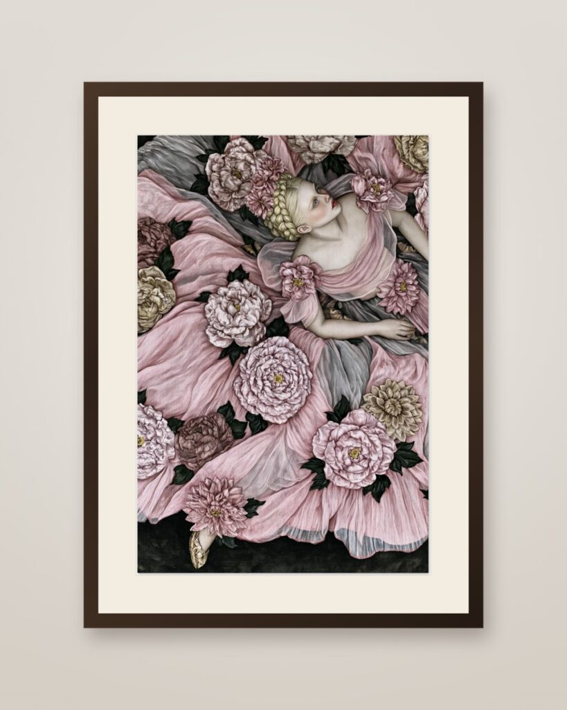 Peony Dreams Art Print in a dark wood frame with cream mat