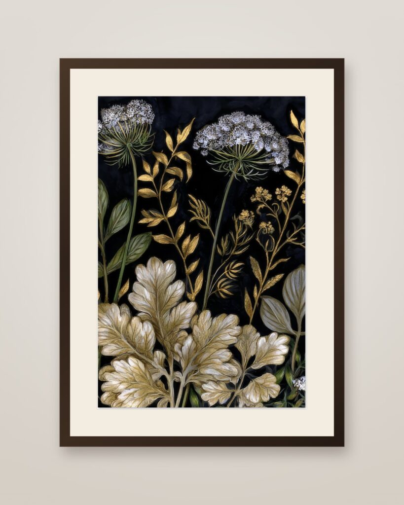 Queen Anne's Lace Art Print in a dark wood frame with cream mat