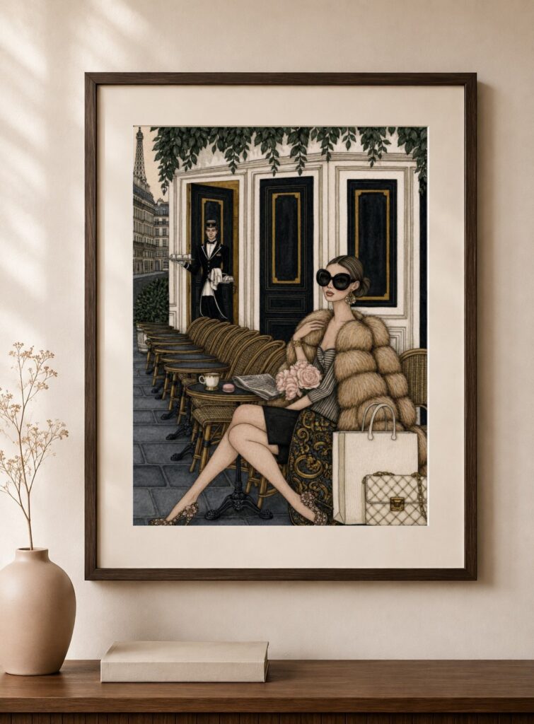 Paris Cafe Fur Coat Art Print