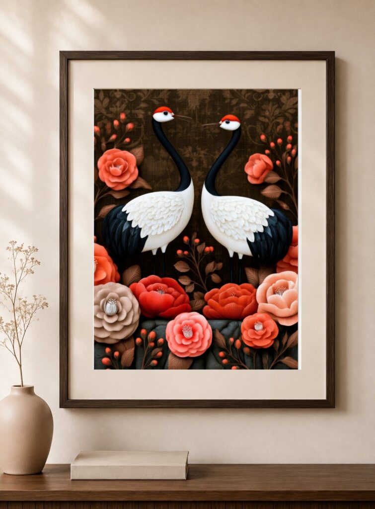 Japanese Crane, Terracotta Earthy Tone Art Print