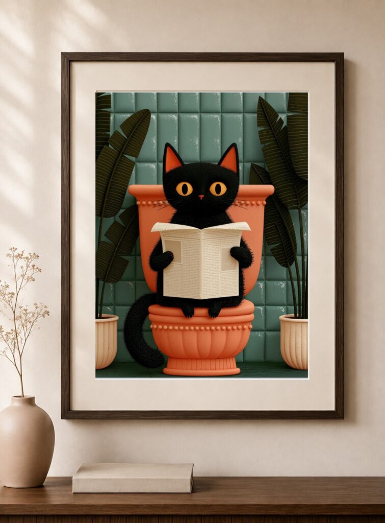 Black Cat Reading Newspaper, Dark Art Print