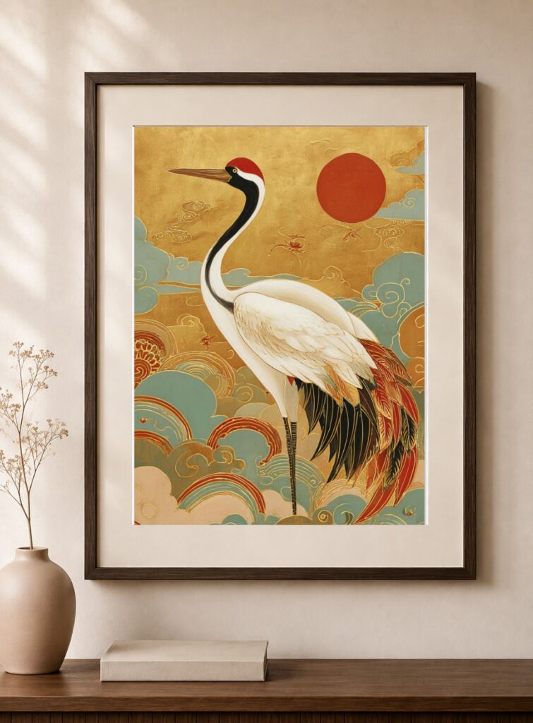 Japanese Crane, Red Sun Art Print