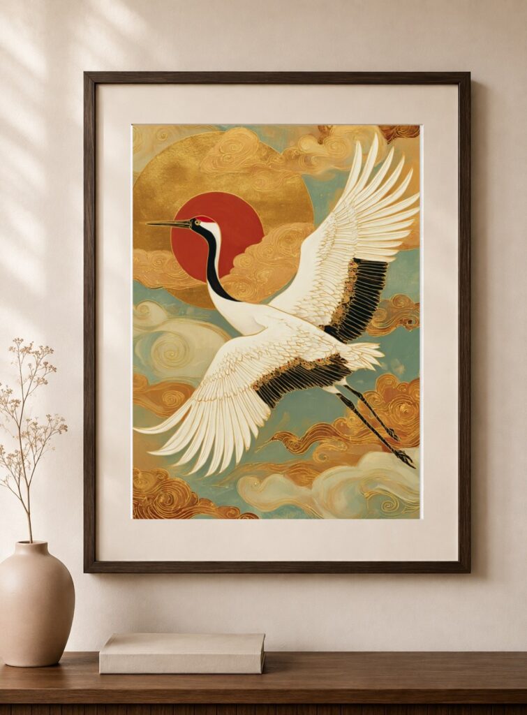 Japanese Crane, Red Sun Gold Art Print