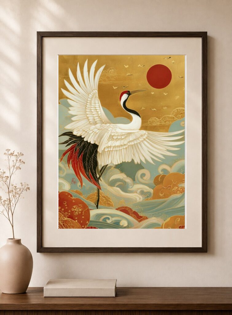 Japanese Crane, Gold Sky Art Print