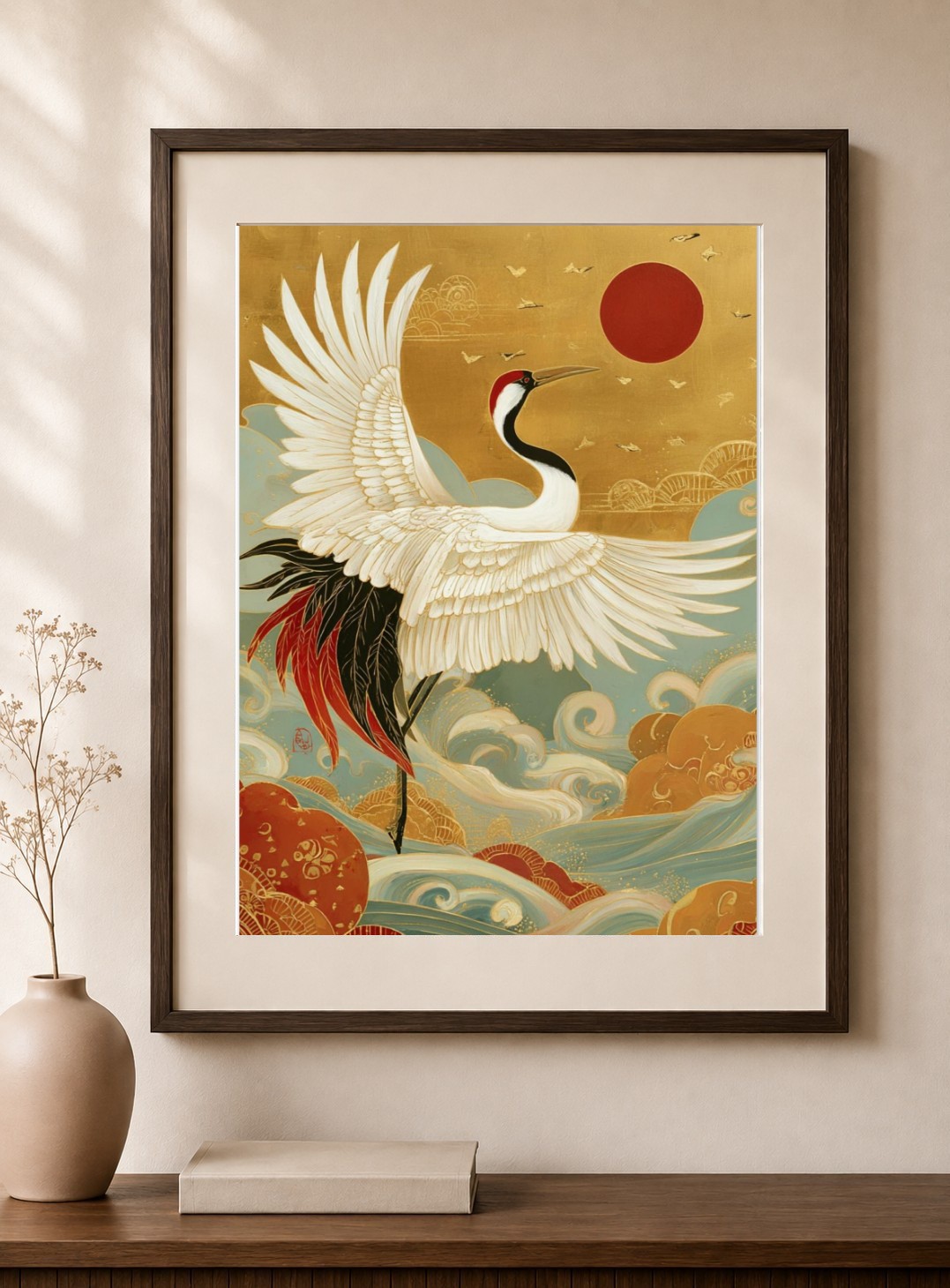 Japanese Crane, Gold Sky Art Print