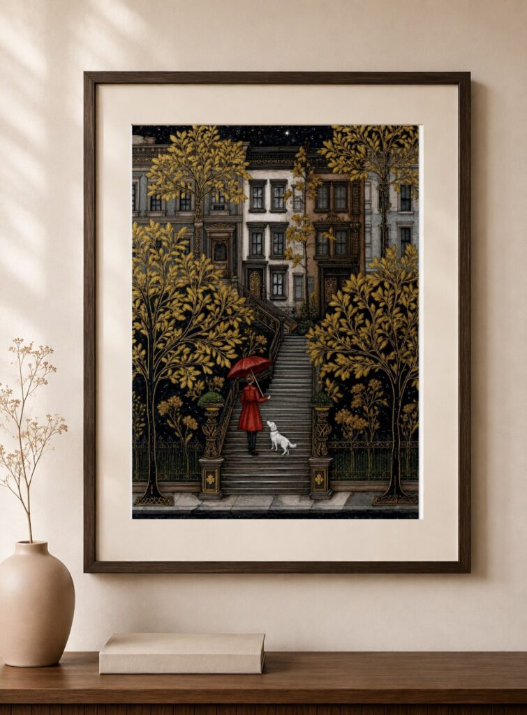 Autumn Brownstone Night Scene Art Print