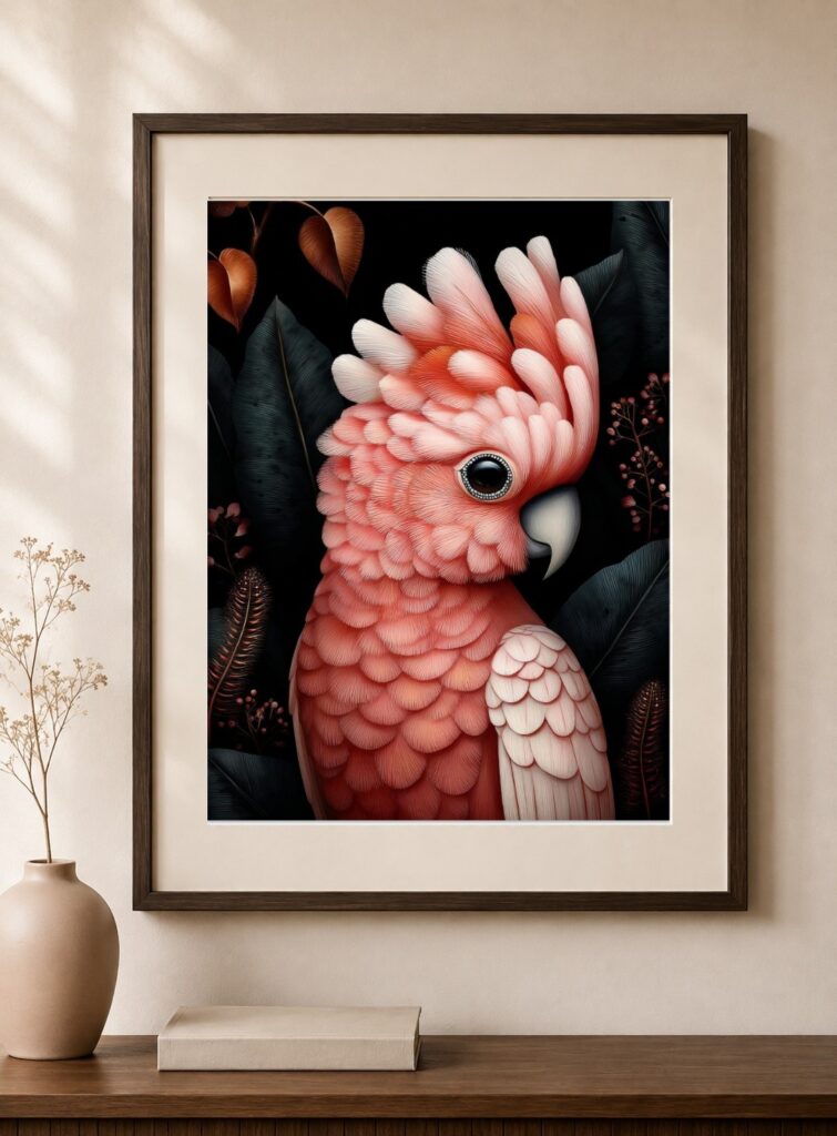 Pink Cockatoo, Dark Tropical Foliage Art Print