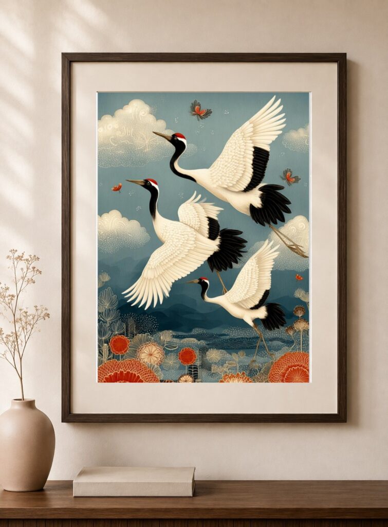 Japanese Crane, Teal Blue Art Print