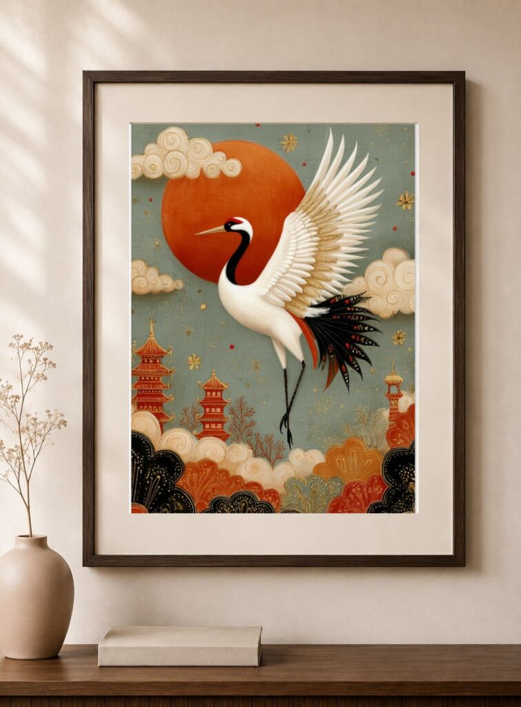 Japanese Crane, Red Sun Gold Detail Art Print