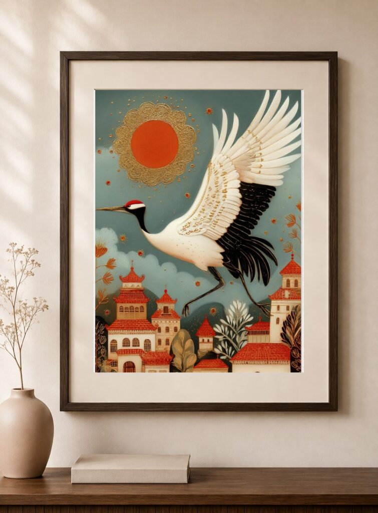 Japanese Crane, Red Sun Eastern Art Print