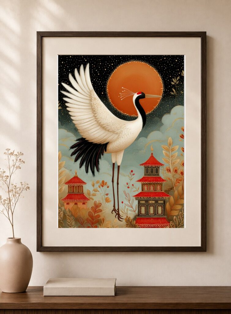 Red Moon Crane Japanese Art Print