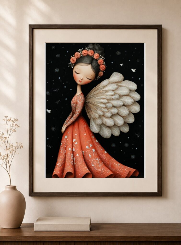 Folk Angel Vintage Red Dress Art Print