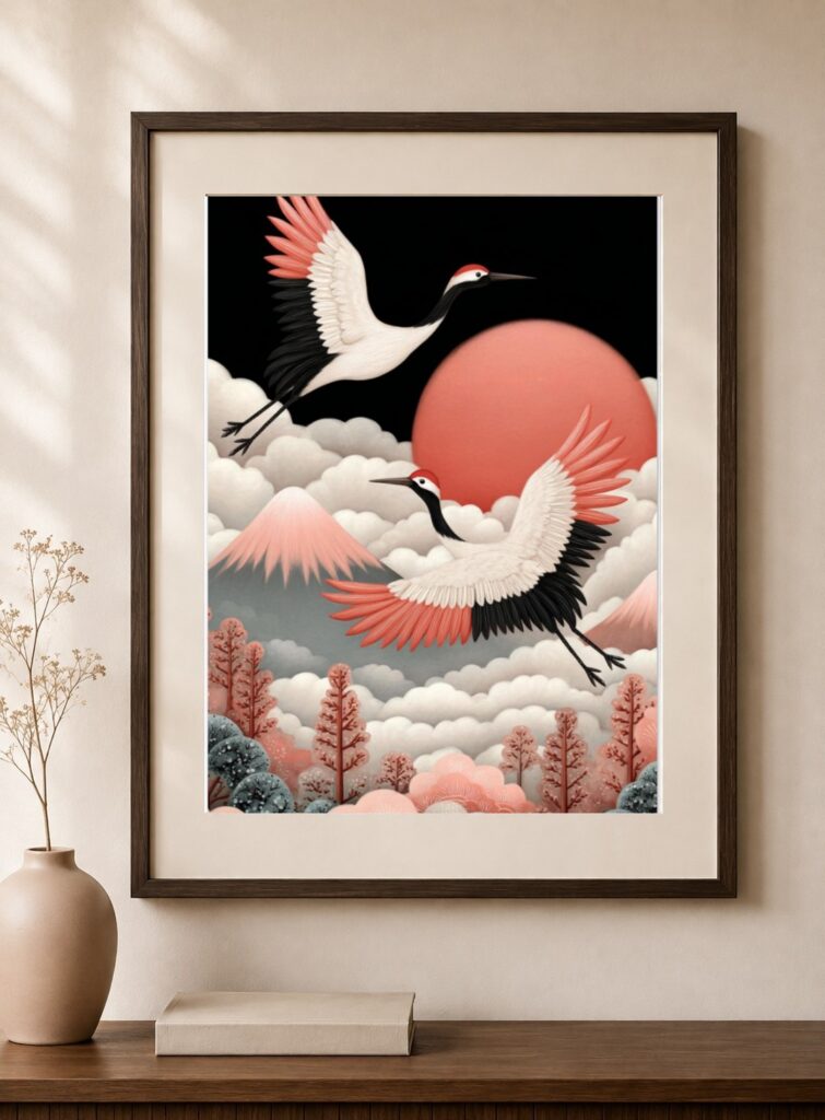Japanese Crane, Red Sun Bird Art Print