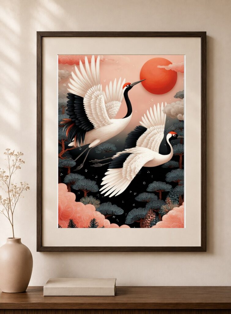 Japanese Crane, Red Sun Night Art Print