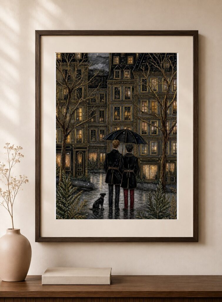 Couple Under Umbrella Rainy Art Print