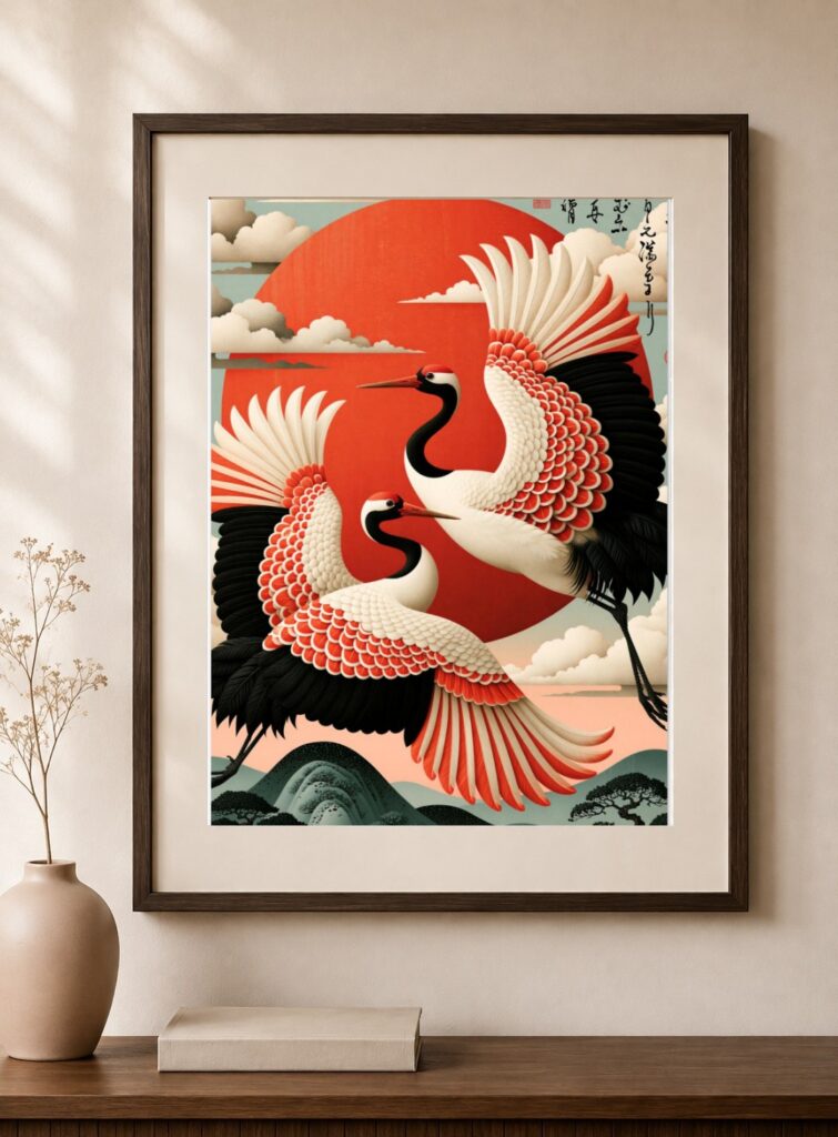 Japanese Crane, Red Sun Flight Art Print