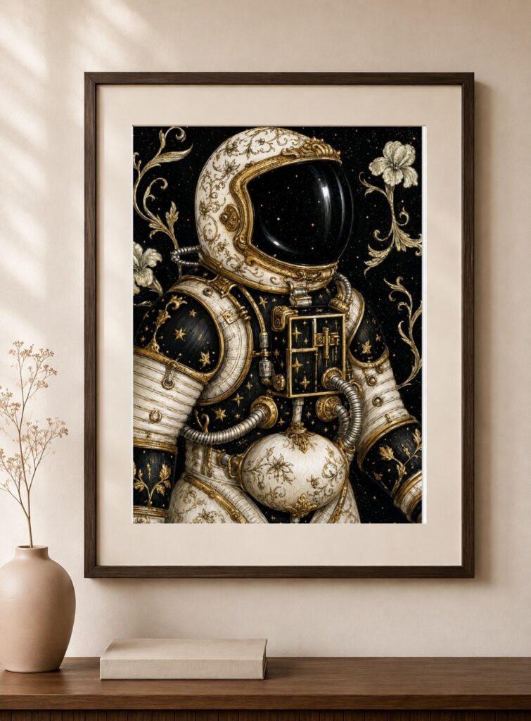 Astronaut Black Gold Art Print