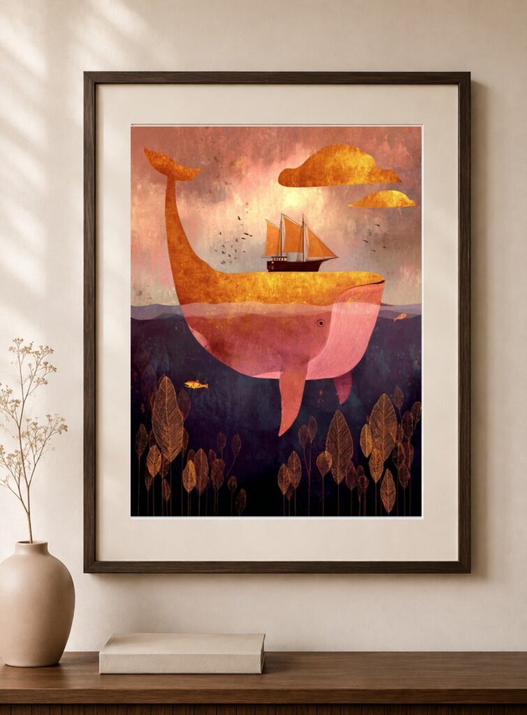 Whale Ship Sunset Art Print