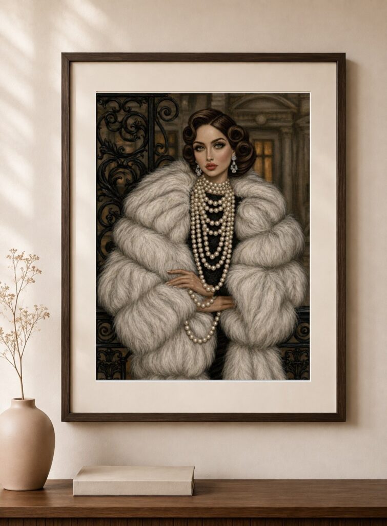 Art Deco Woman, Pearls Fur Art Print