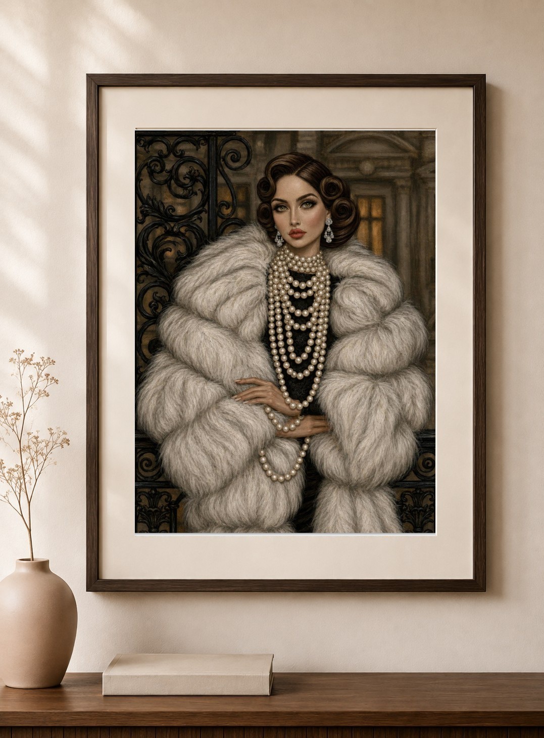 Art Deco Woman, Pearls Fur Art Print