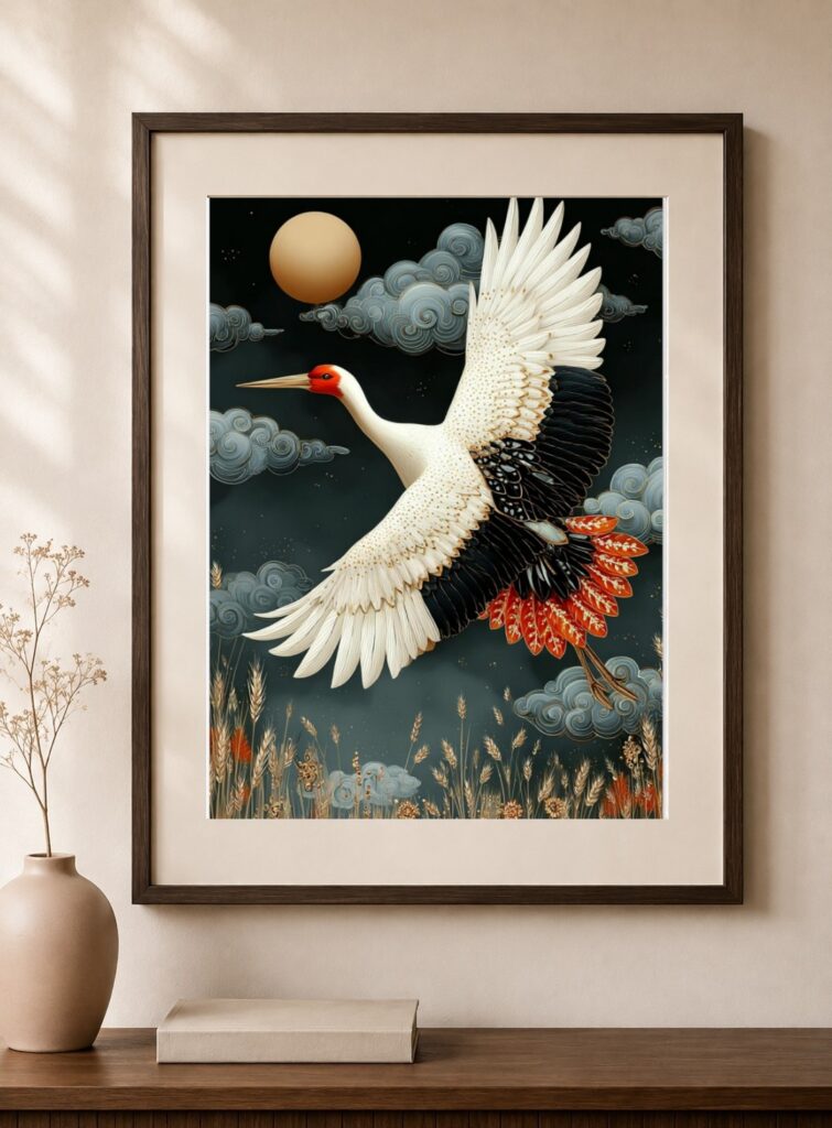 Japanese Crane, White Crane Flight Art Print