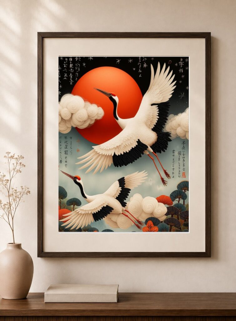 Japanese Crane, Ukiyo Asian Bird Art Print