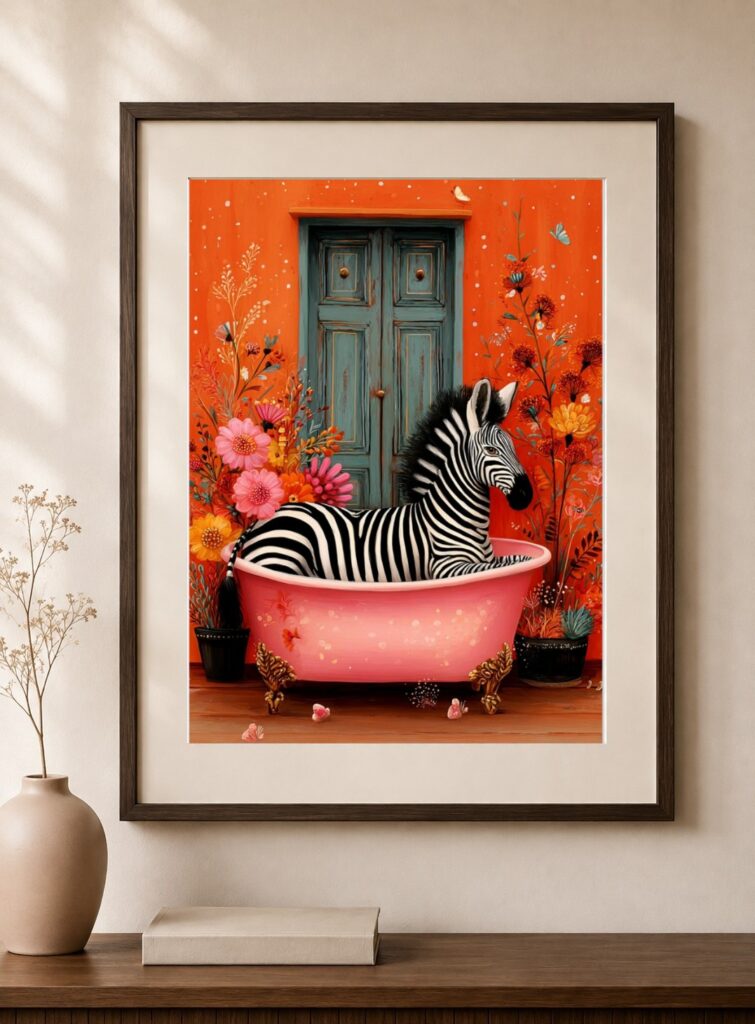 Zebra In Bathtub, Pink Clawfoot Tub Art Print