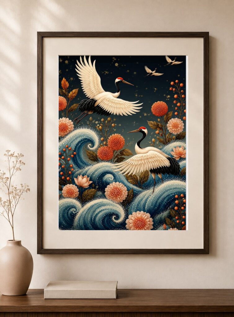 Japanese Crane, Navy Teal Art Print