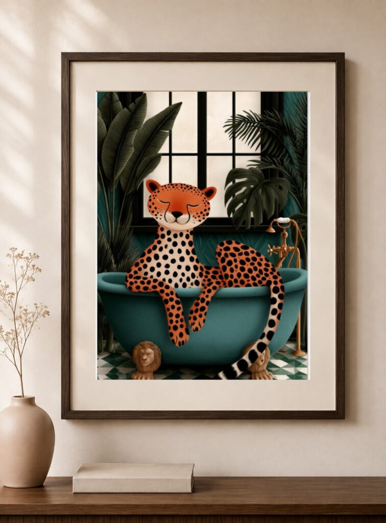 Cheetah In Teal Clawfoot Tub Art Print
