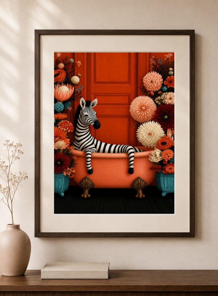 Zebra In Bathtub, Coral Floral Bathroom Art Print