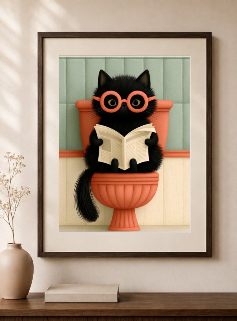 Black Cat Reading Newspaper, Funny Art Print