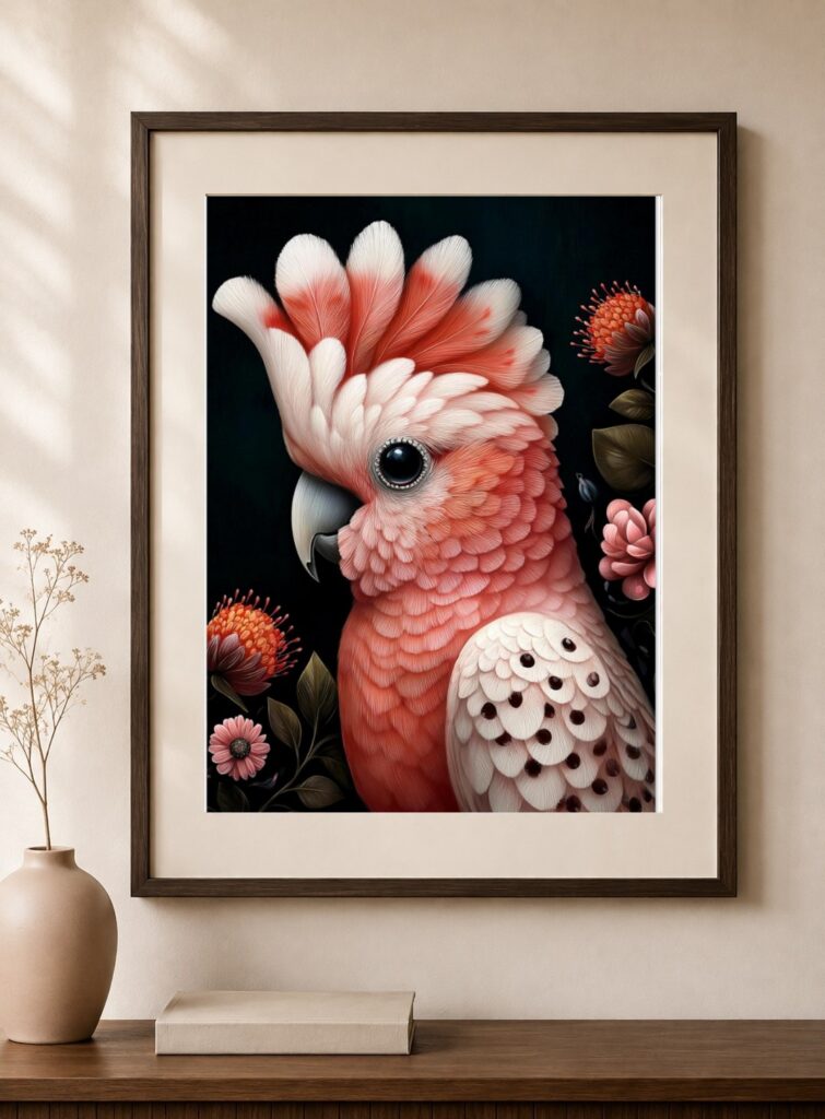 Pink Cockatoo, Dark Floral Art Print