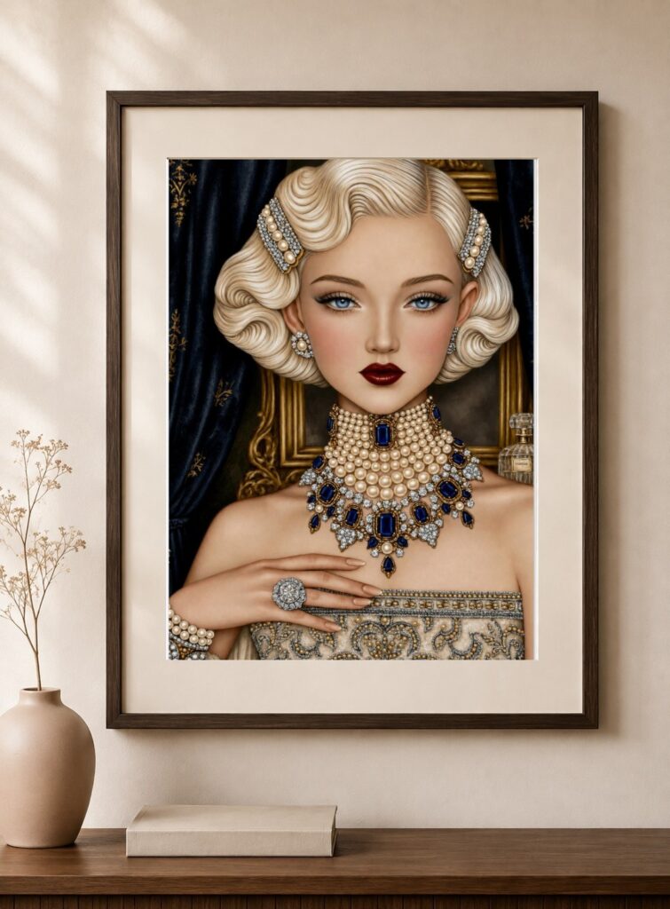 Art Deco Woman, Sapphire Pearls Art Print