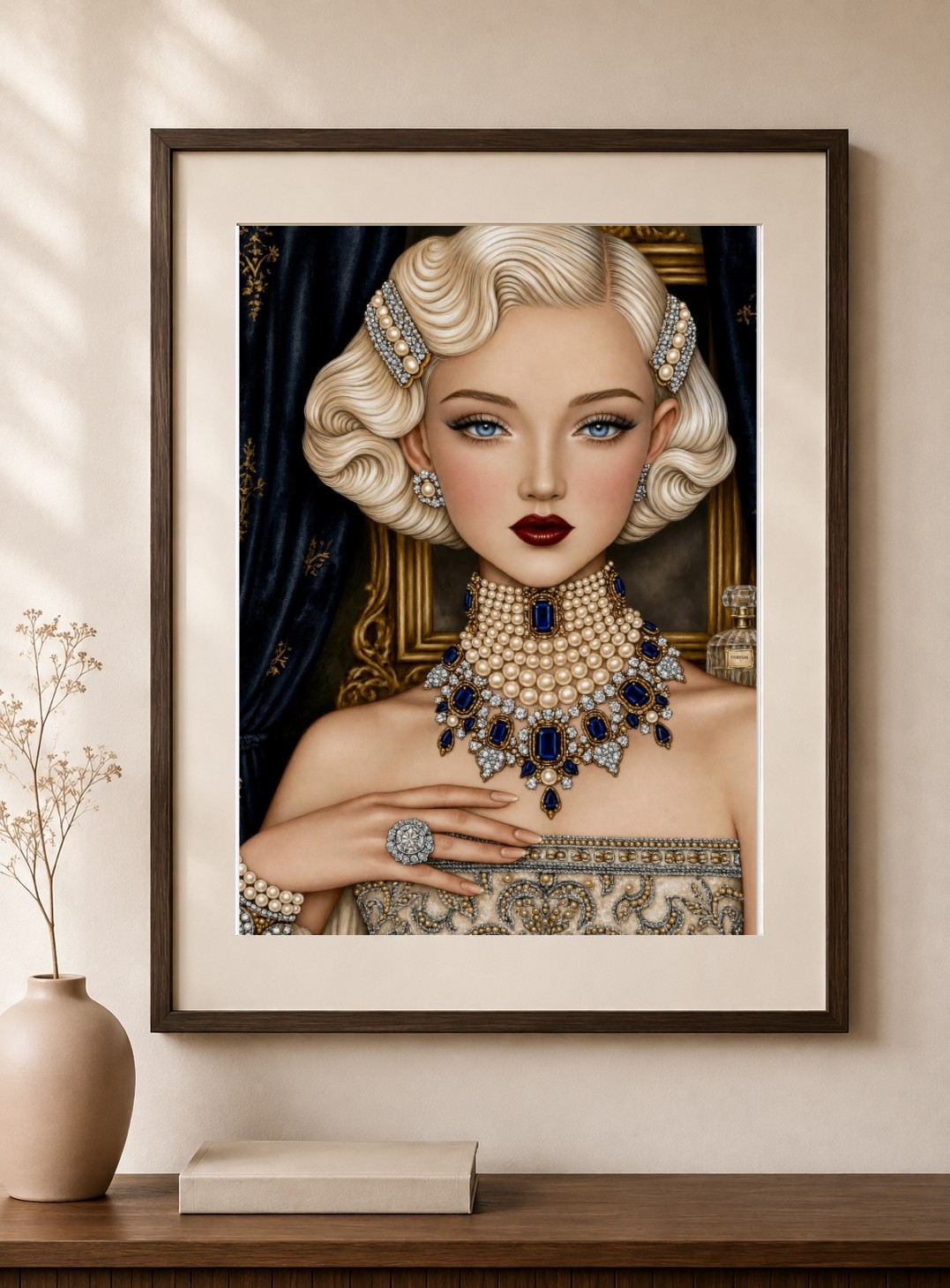 Art Deco Woman, Sapphire Pearls Art Print