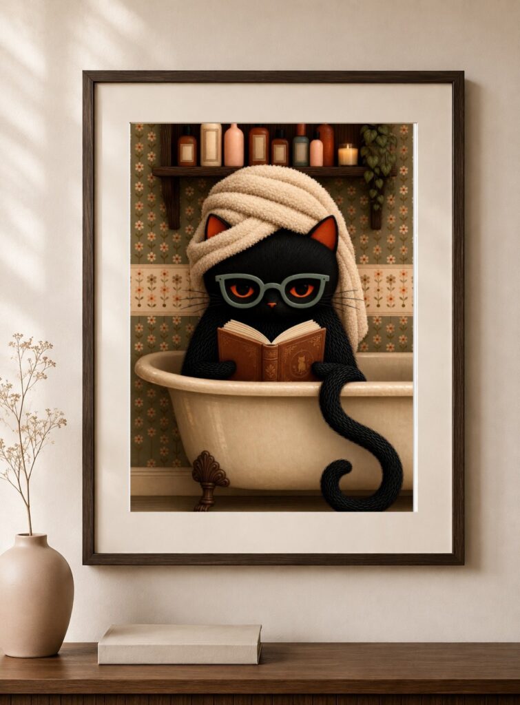 Black Cat Reading In Bathtub Art Print