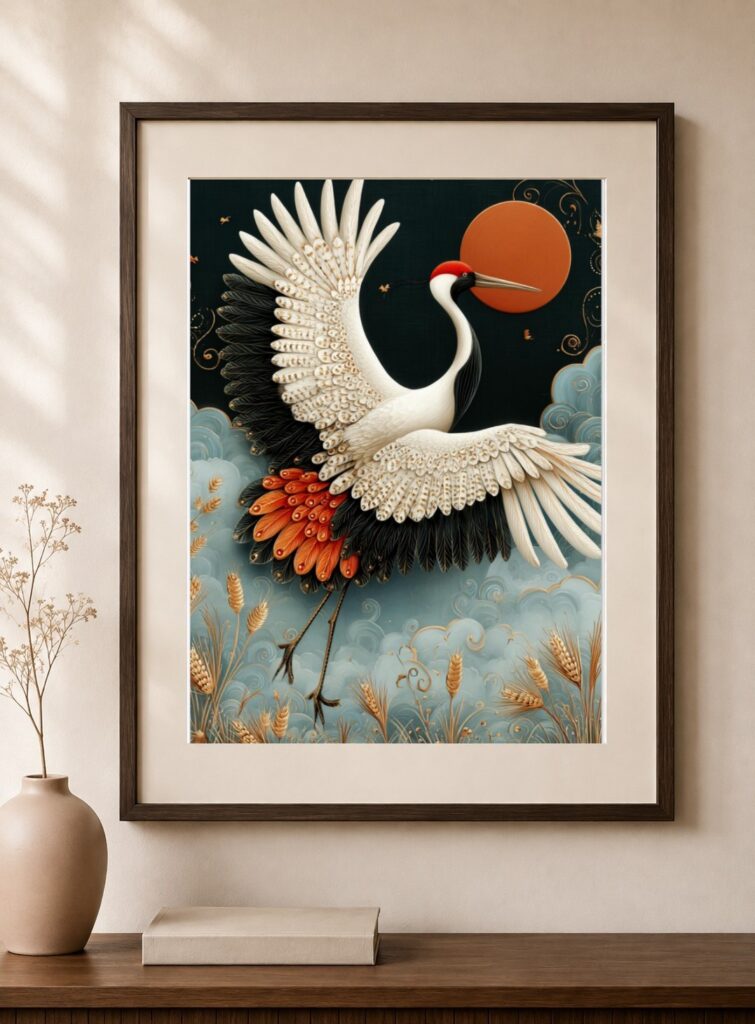 Japanese Crane Elegant Folk Art Print
