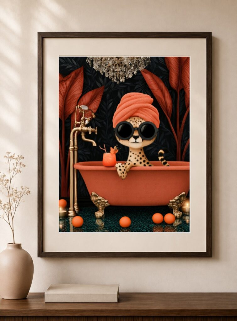 Leopard In Bathtub Quirky Dark Art Print