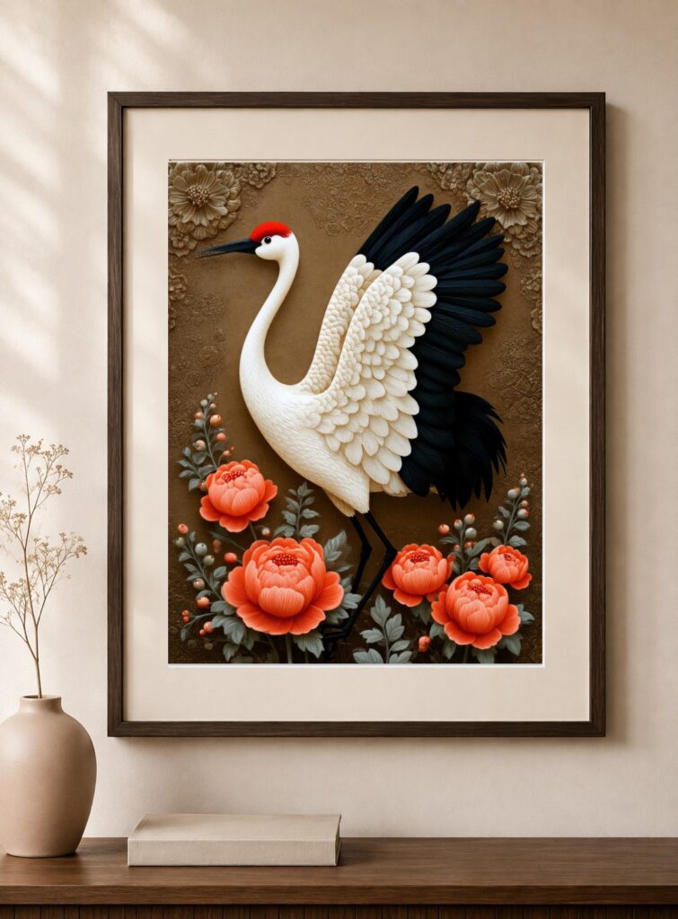 Japanese Crane, Red Peonies Art Print